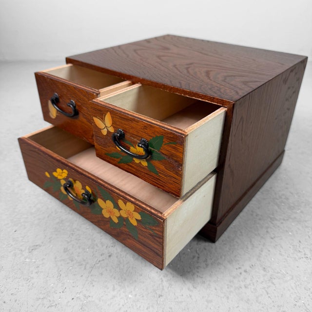 Small Japanese Wooden Drawer Chest with Flowers and Butterflies, 1980s For Sale - Image 6 of 12