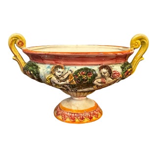 Antique Italian Capodimonte Oval Handled Pedestal Bowl/Vase With Cherubs For Sale
