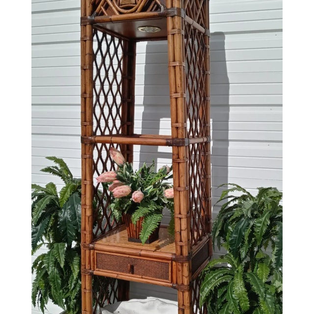 Baker Furniture Company Vintage Extra Tall Chippendale Bamboo 3 Shelf Lighted Display Tower Etagere For Sale - Image 4 of 13
