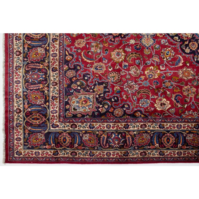 Textile Vintage Mashad Wool Rug Handmade in Red With Rosette Motif From the 1940s For Sale - Image 7 of 10