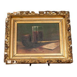 Early 20th Century Pipe With Merlot Framed Oil on Canvas, Signed and Dated ' Ramskill' For Sale