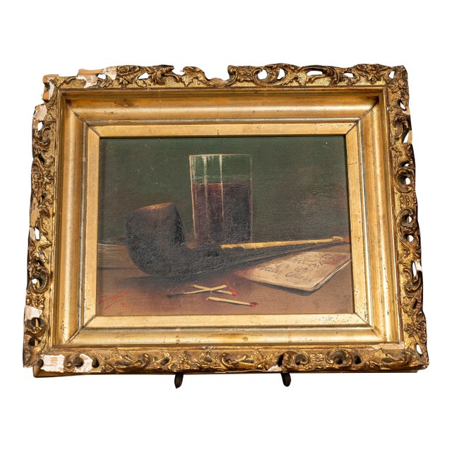 Early 20th Century Pipe With Merlot Framed Oil on Canvas, Signed and Dated ' Ramskill' For Sale