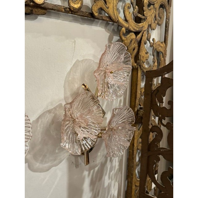 Metal Pair of Murano Pink Flower Wall Sconces For Sale - Image 7 of 8