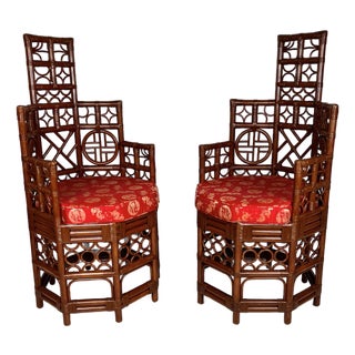 Vintage Rattan Chinese Chippendale Brighton Style Chairs- A Pair For Sale