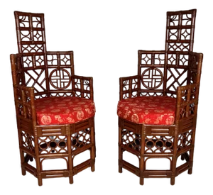 Vintage Rattan Chinese Chippendale Brighton Style Chairs- A Pair