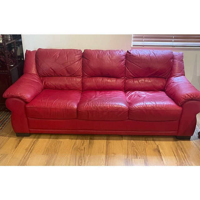 Animal Skin Vintage Natuzzi Red Leather Sofa Threeseat For Sale - Image 7 of 8
