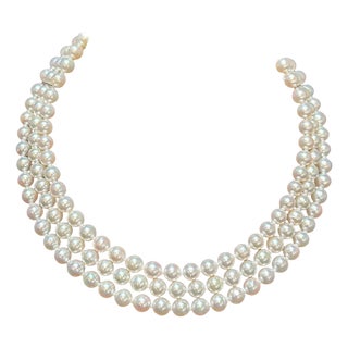 8mm Akoya Japanies Pearl Triple Strand Choker Necklace, 18k White Gold & Diamond For Sale