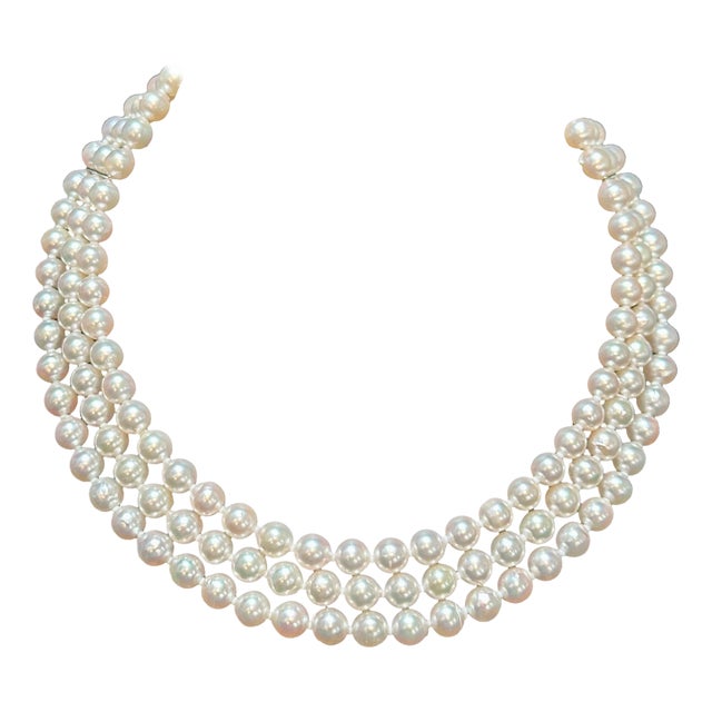 8mm Akoya Japanies Pearl Triple Strand Choker Necklace, 18k White Gold & Diamond For Sale