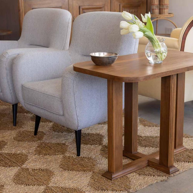 Wonderful wood side table from France, 1950s. Rectangular veneer wood top with fluted detail on four legs. Original finish...
