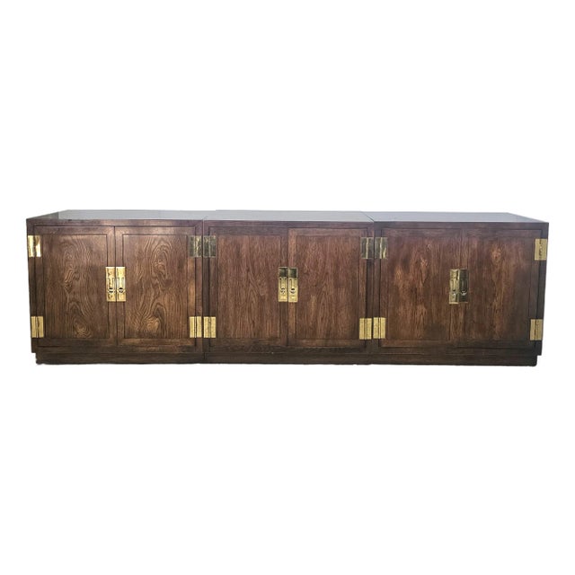 Henredon Modernist Three-Part Campaign Oak and Brass Buffet / Credenza For Sale