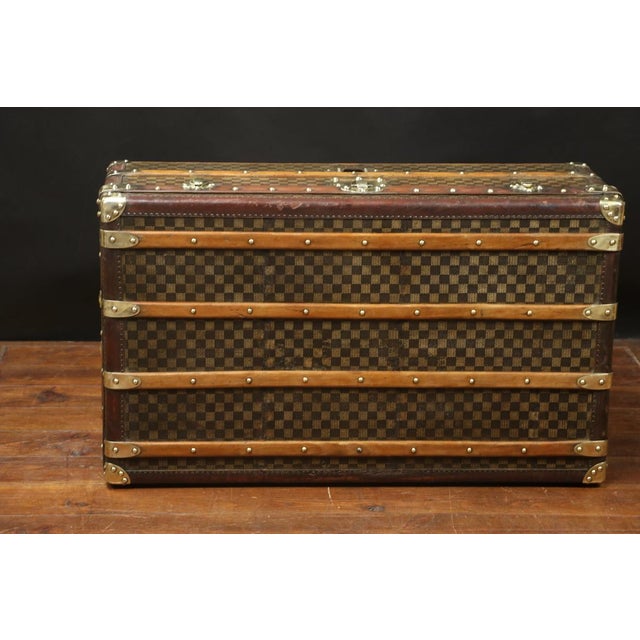 Checkerboard Trunk in Beech, Brass, Canvas and Leather For Sale - Image 5 of 8