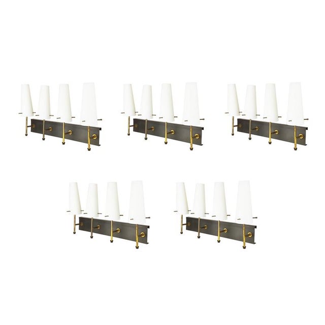 Black Metal, Brass & Opaline Glass 4-Light Wall Lamps, 1950s, Set of 5 For Sale - Image 15 of 15