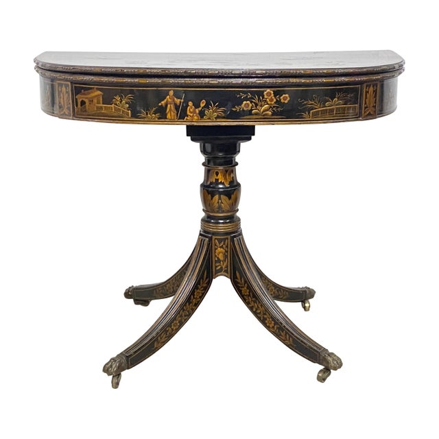 Late 18th Century George II Period Games Table / Demi-Lune Console Table. Lacquer with hand painted detailed chinoiserie...