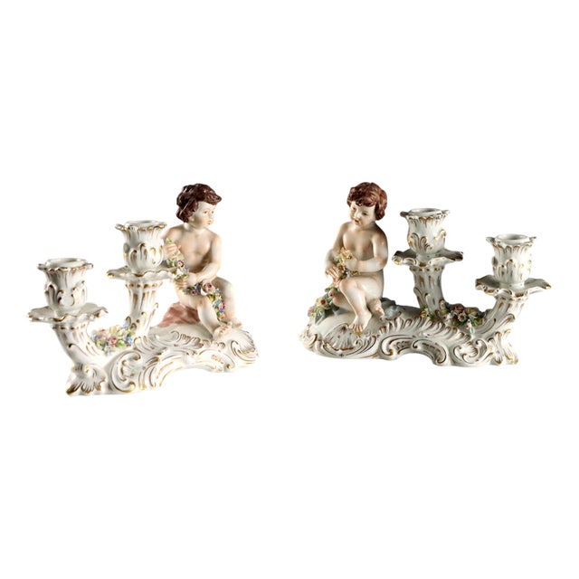 Porcelain Candleholders from Capodimonte, Set of 2 For Sale