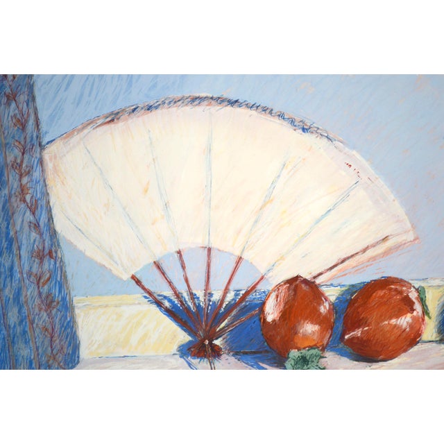 Hachiya Persimmons & Fan, Modern Still Life With Red-Orange and Blue by Anita Heckman For Sale In Monterey, CA - Image 6 of 7