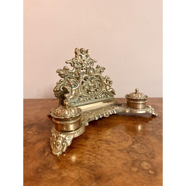 Antique Edwardian Ornate Brass Desk Set, 1900 For Sale - Image 3 of 6