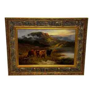 British 19th Century Oil Painting Longhorn Cattle West Scottish Highlands by Gustave De Brianski, Fr