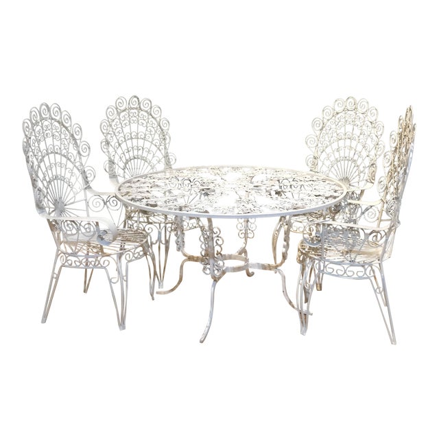 1960s Mid Century John Salterini White Iron Peacock Patio Set - 5 Pieces For Sale