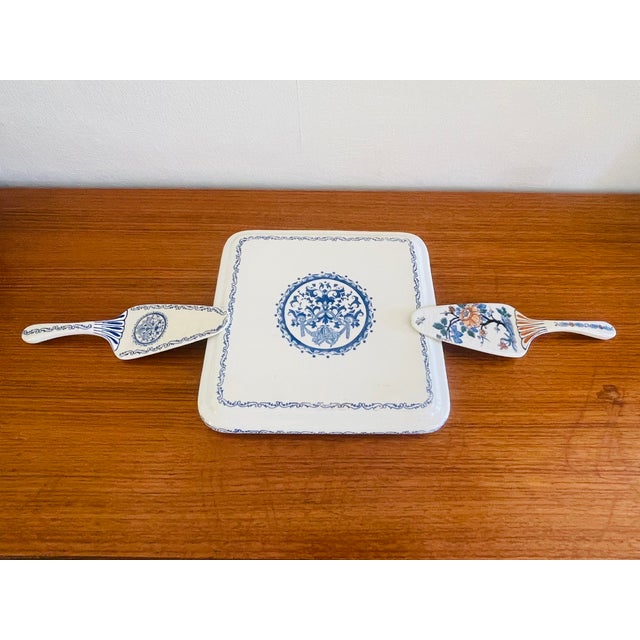 Antique, vintage, rectangle cake plate/ cake platter/ large trivet and two cake lifters by renowned faience/porcelain,...
