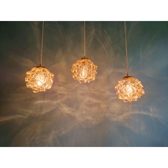 Metal Amber Bubble Glass Pendant Lights by Helena Tynell for Glashütte Limburg, 1970s, Set of 3 For Sale - Image 7 of 16