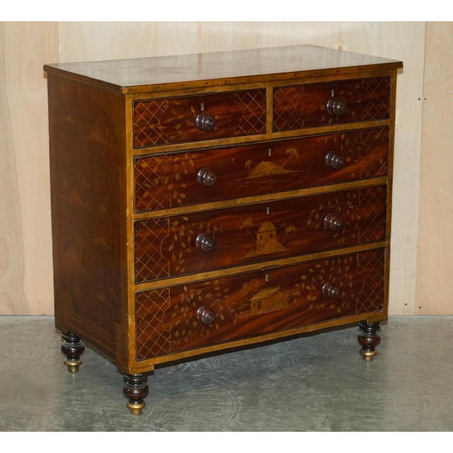 Stunning original circa 1860-1880 Chinese hand painted with Pagoda's oak chest of drawers This chest of drawers is just...