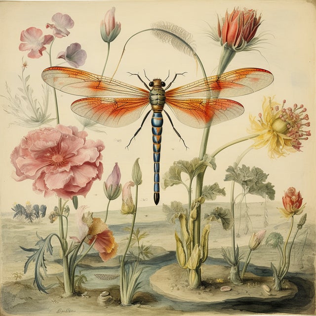'Dragonfly and Flowers' # 6 - Original Fine Art Print. From a series of prints, see my other listings. Dimensions: Print...