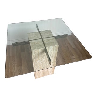 1980s Postmodern Side/Coffee Table by Artedi – Travertine Base, Gold X Support, Beveled Glass Top For Sale