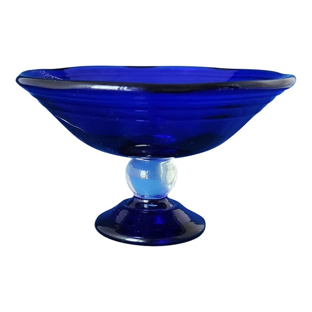 Hand Blown Japanese Cobalt Blue Glass Compote Bowl, C1980s For Sale
