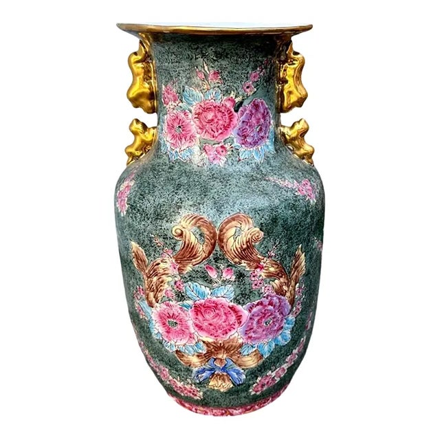 Pair of Large Vintage Chinoiserie Green & Pink Rose Famille Peonies Porcelain Vases W/Double Ears Lovely vintage Chinese...