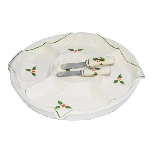 1980s Shafford Christmas Holly Serving Dish Divided Tray & Spreaders For Sale