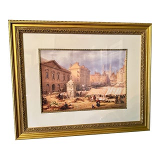 Vintage Framed European Market Scene Reproduction Print in Ornate Gold Frame For Sale