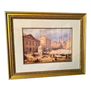 Vintage Framed European Market Scene Reproduction Print in Ornate Gold Frame