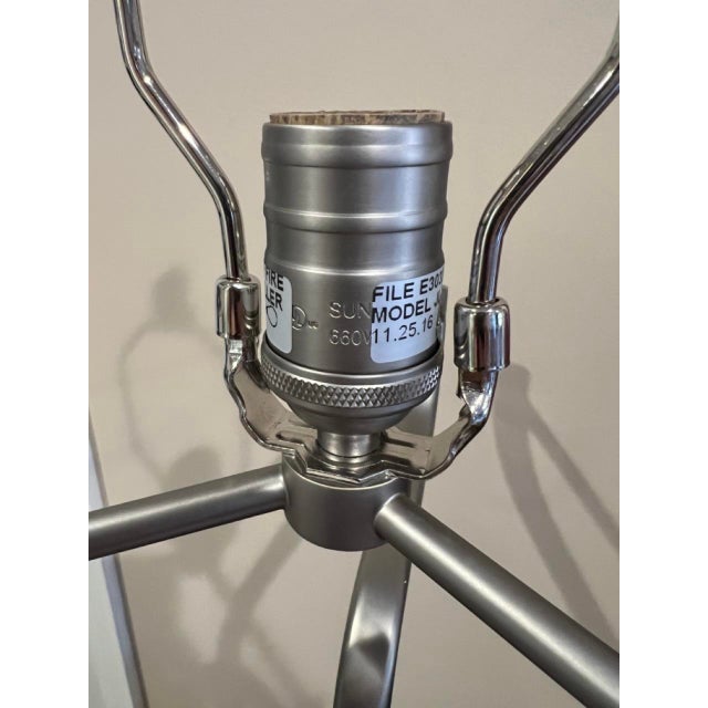 Baker's Larimar Table Lamp, Satin Nickel Finish & Alabaster With White Linen Drum Shade For Sale - Image 10 of 18