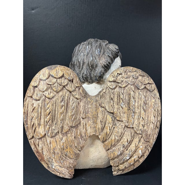 White Vintage Carved Solid Wood Sitting Angel With Glass Eyes Sculpture For Sale - Image 8 of 8