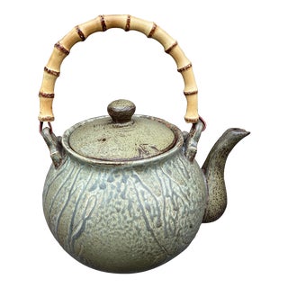 Mid 20th Century Large Scale Ceramic Tea Pot With Bamboo Handle Stamped For Sale