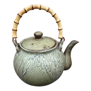 Mid 20th Century Large Scale Ceramic Tea Pot With Bamboo Handle Stamped