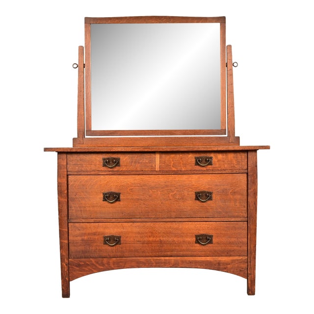 Gustav Stickley Antique Mission Oak Arts & Crafts Dresser With Mirror, Circa 1910 For Sale
