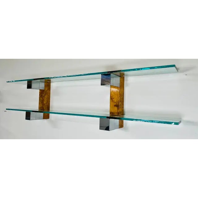 Mid-Century Modern Paul Evans Cityscape Chrome and Burlwood Double Wall Hanging Shelf For Sale - Image 3 of 8