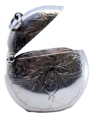 Circular Silver Matchbox with Engraved Plant Motifs and Monogram Card