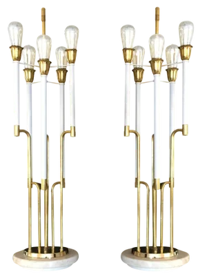 Mid Century Tommi Parzinger Brass Plated Lamps With Marble Base - a Pair