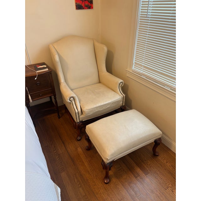 Late 20th Century Vintage Ivory Leather Chair Ottoman 2pc Sam Moore Hooker Furnishings For Sale - Image 5 of 10