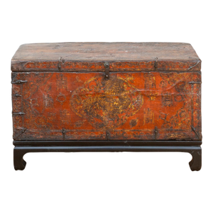 Antique Tibetan Red & Gold Painted Chest on Stand