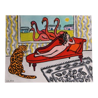 Nude, Leopard and Lawn Flamingos Pop Art Expressionism Red, Pink Original Painting by Cleo Plowden For Sale