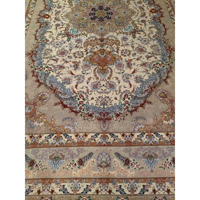 Persian Vintage Persian Tabriz Rug, Finely Hand-Knotted Wool & Silk, Floral Pattern, Ivory & Blue, 7x10 For Sale - Image 3 of 12