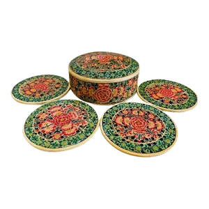 Vintage Hand Painted Paper Mâche Coasters Set With Box - Set of 5