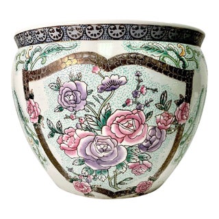 Vintage Chinoiserie Boho Chic Hollywood Regency Pink Famille Rose Koi Fish Bowl Planter. For Sale
