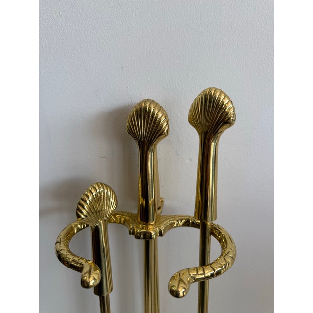 Vintage Brass Fireplace Tool Set Scallop Shell Design For Sale - Image 4 of 12