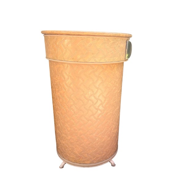 Vintage Rare 1950s Pearl-Wick Pink Vinyl & Metal Hamper or Trash Bin with Vanity Tray & Mirror. Hollywood Regency.
