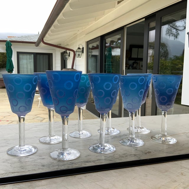 Contemporary Vintage Murano Blue Raised Circle Wineglasses Attributed to Mario Badioli - Set of 9 For Sale - Image 3 of 10