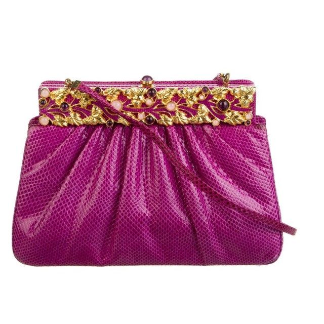 Contemporary 1990s Judith Leiber Karung SnakeSkin Fuschia Pink Handbag Pink Gemstones Clutch Shoulder Day Vintage For Sale - Image 3 of 12